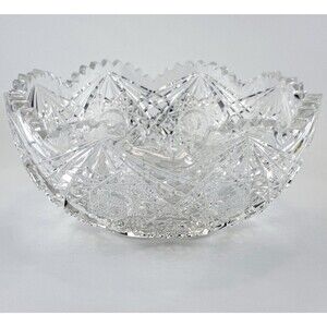 Vintage Cut Crystal Bowl 8" Sawtooth Rim Starburst Pattern Centerpiece